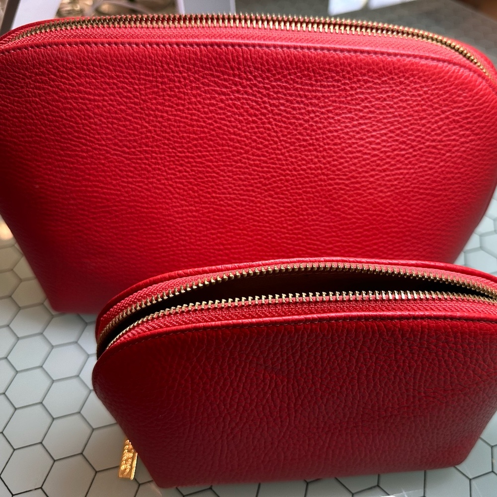 Cuyana Travel Case Set of 2 Red Pebbled Leather with Gold Hardware
